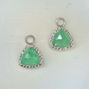 Bomb Party Rhodium Earring Charms– Trillion-Cut Green Gem with Crystal Halo